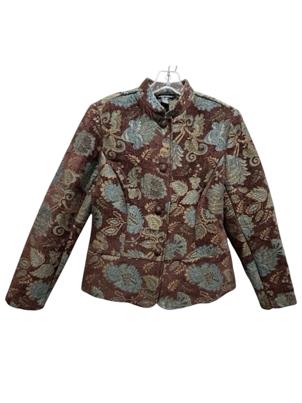 Portrait Brown and Blue Velour Tapestry Jacket Mandarin Collar, Peplum - Medium